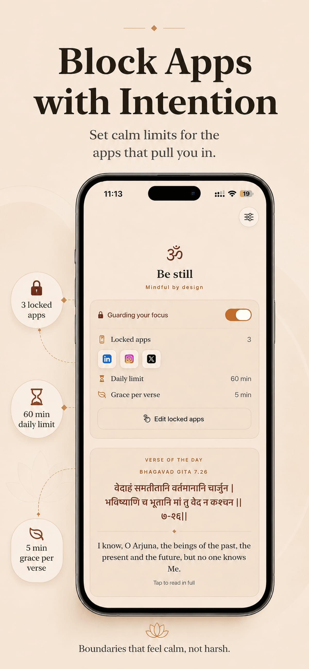 GitaLock dashboard showing guarded apps, daily usage limit, grace period, and verse of the day
