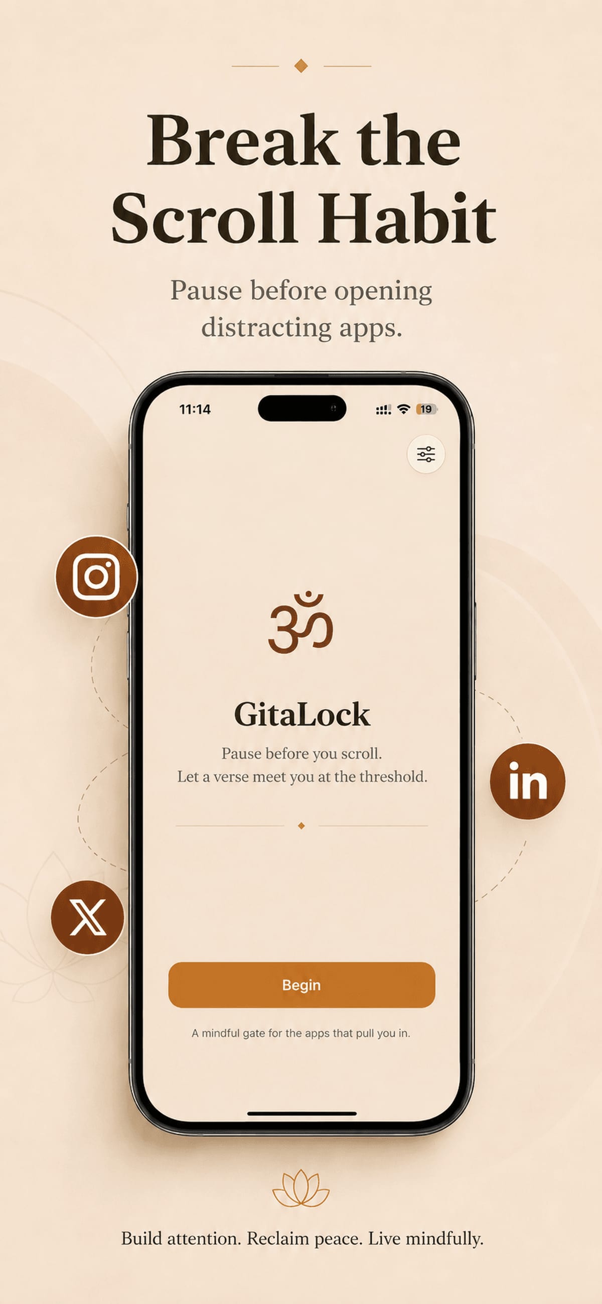GitaLock onboarding screen introducing a mindful pause before opening distracting apps