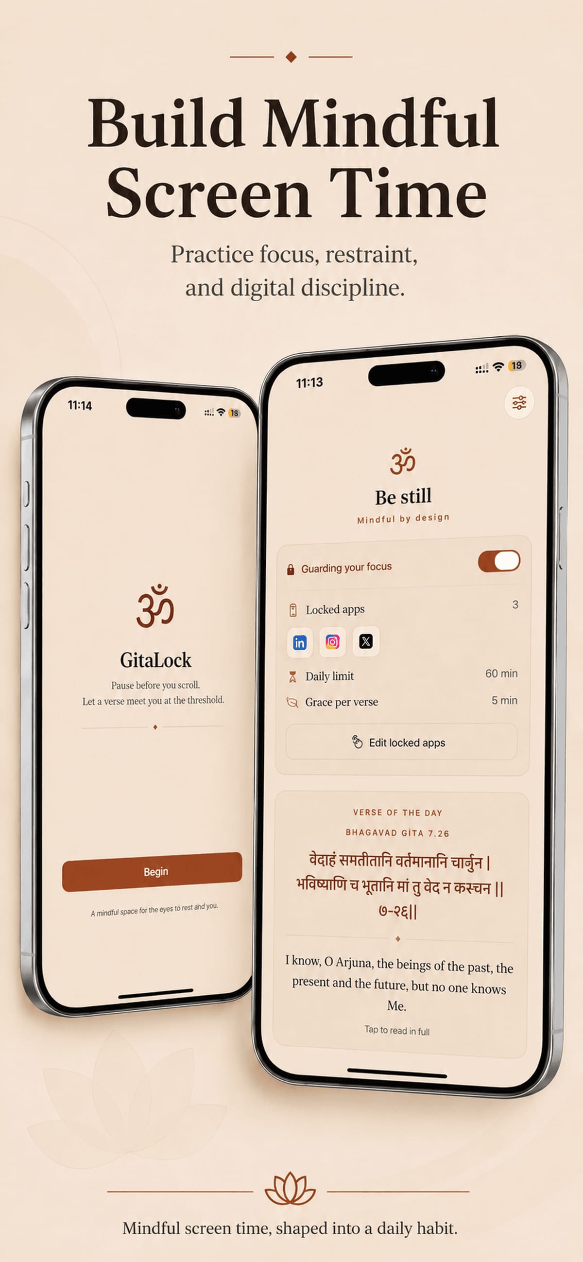 Two GitaLock iPhone screens showing onboarding and the guarded-app dashboard together