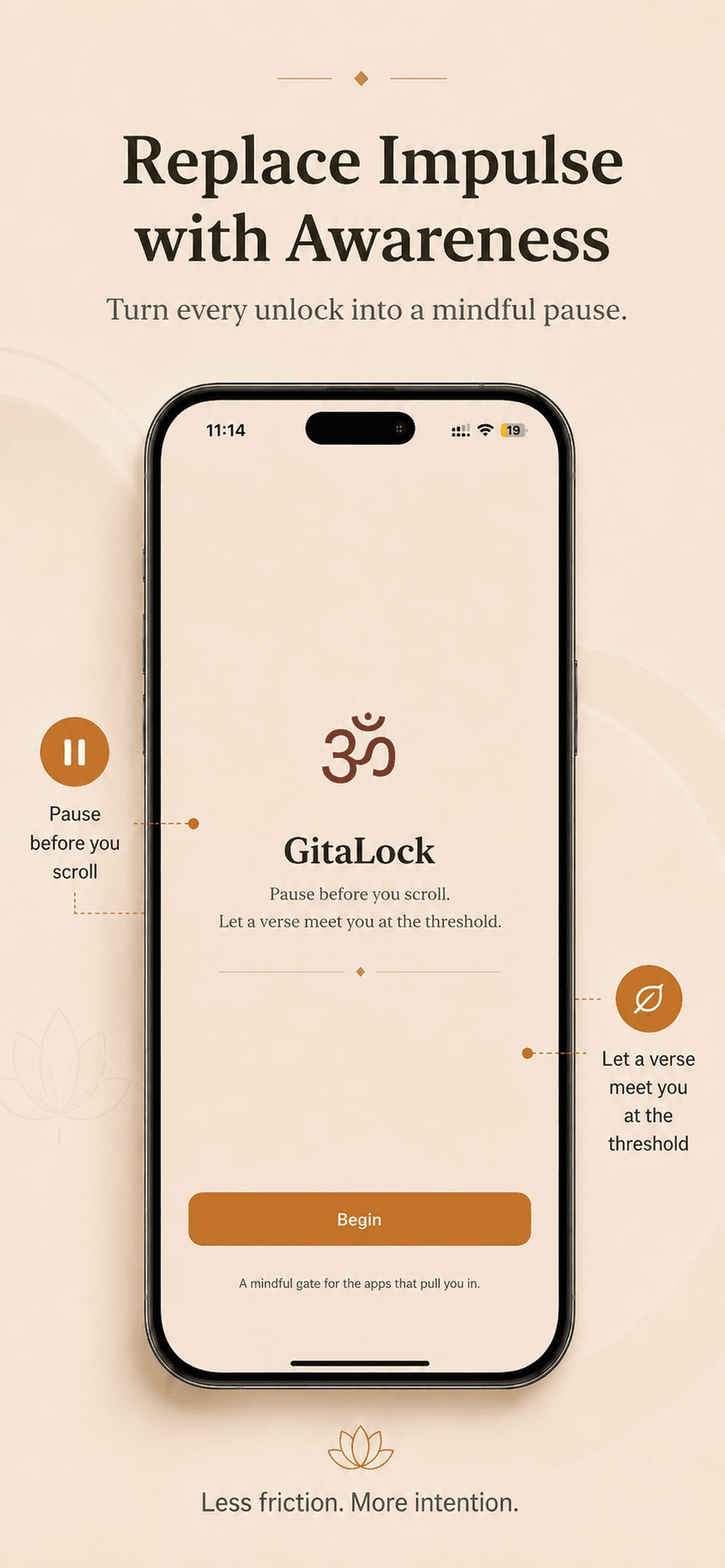 GitaLock welcome screen encouraging users to replace impulsive app opening with awareness