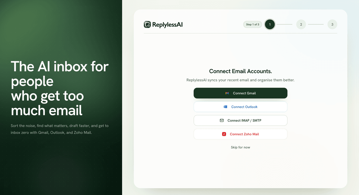ReplylessAI onboarding screen showing a three-step flow for connecting Gmail, Outlook, IMAP SMTP, or Zoho Mail