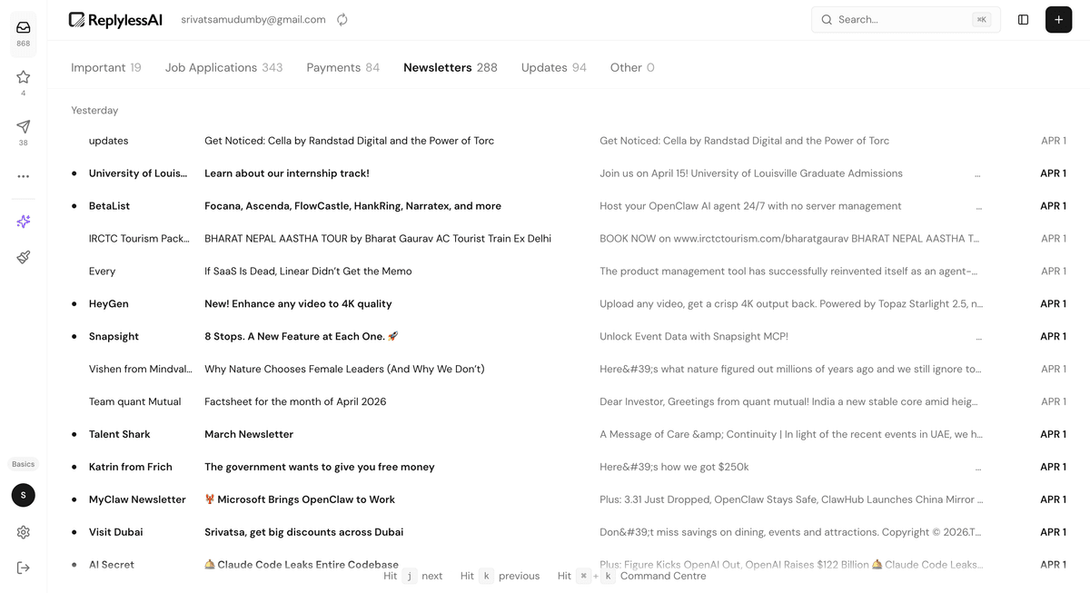 ReplylessAI newsletter category view showing categorized email rows
