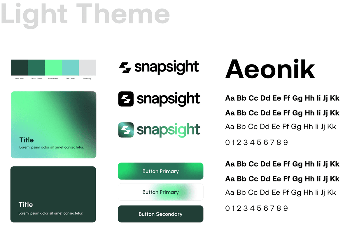 Snapsight light-theme design system board with logo, colors, typography, and UI components