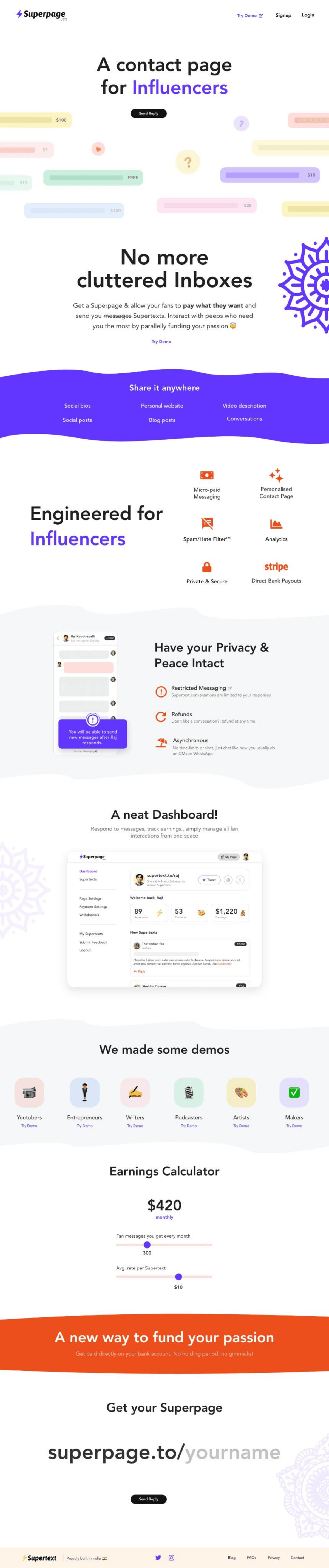 Full early Superpage landing page explaining paid creator messages, privacy, dashboard features, demos, and an earnings calculator